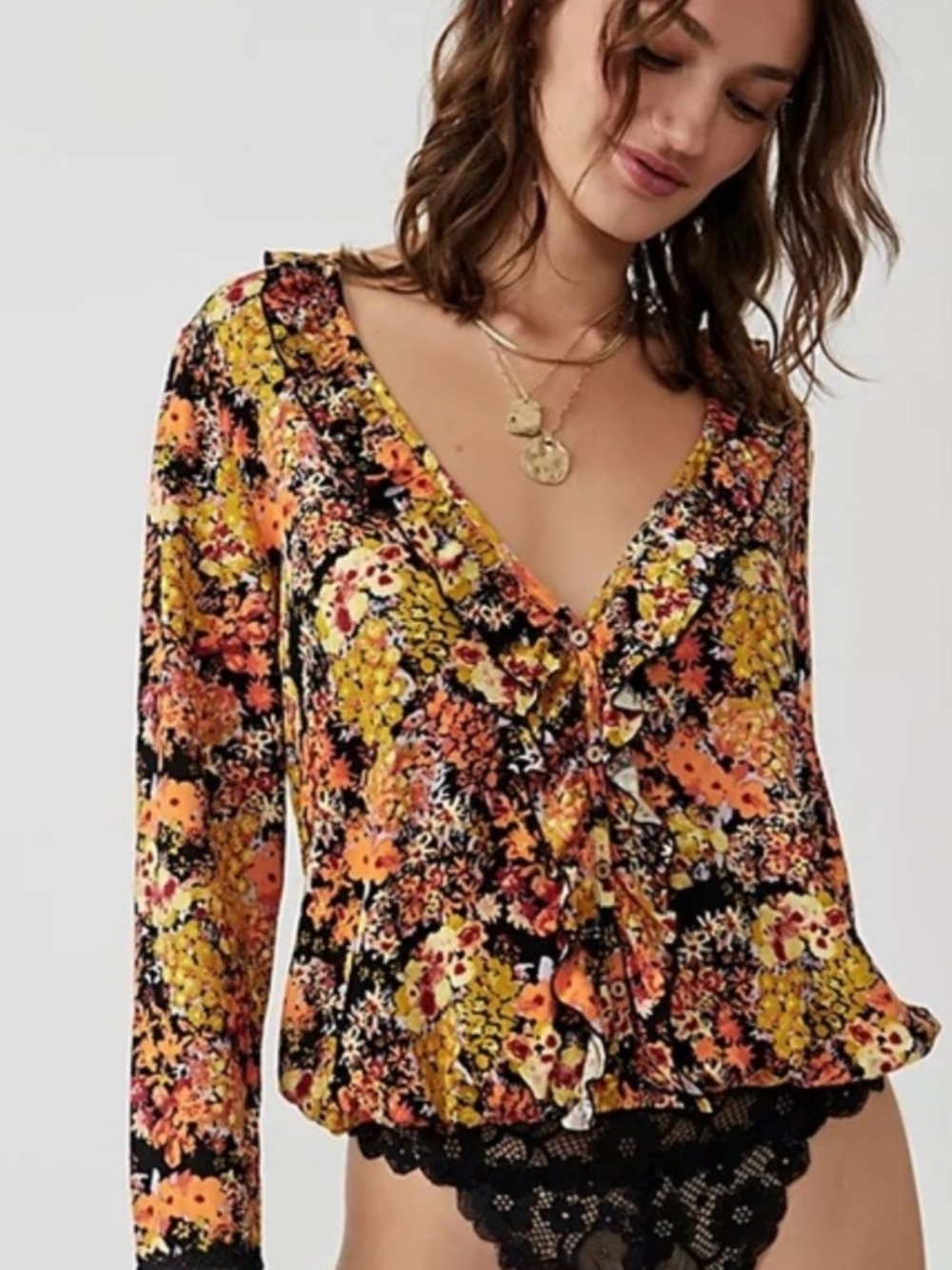 Free People Intimately Free Floral Ruffle V-Neck Long Sleeve Bodysuit Size Small